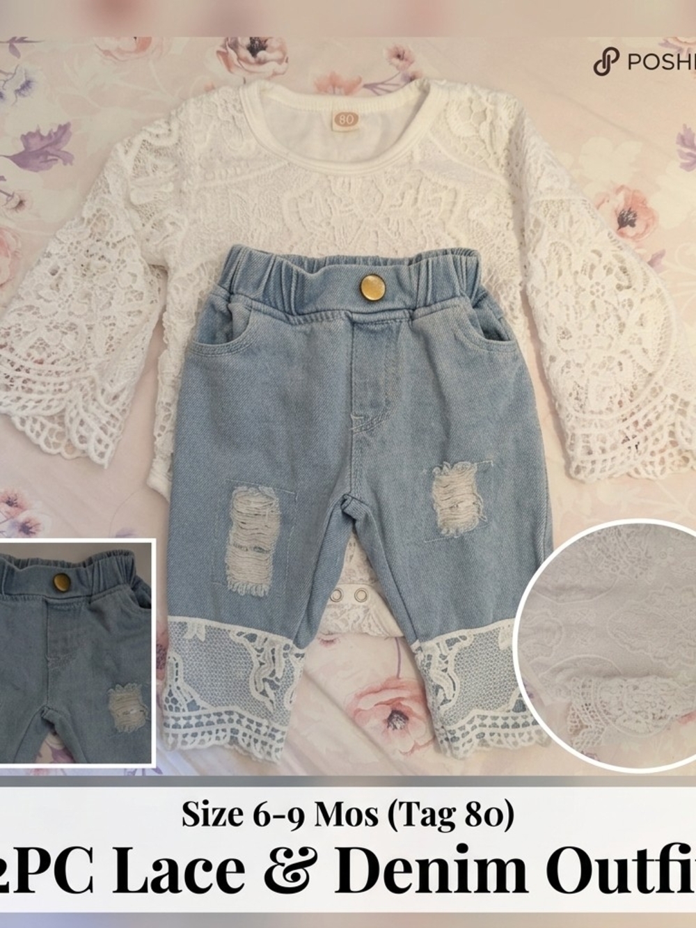 2PC Baby Girl Lace Bodysuit & Distressed Denim Jeans Set - 6-9 Months (Tag 80)